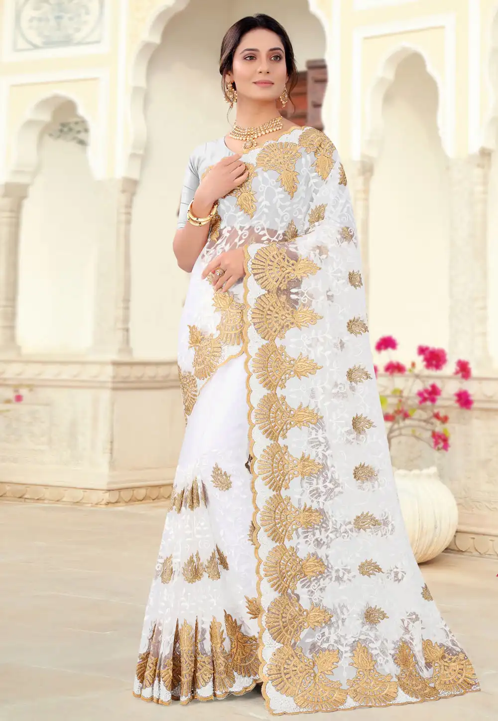 Off White Net Festival Wear Saree 234288