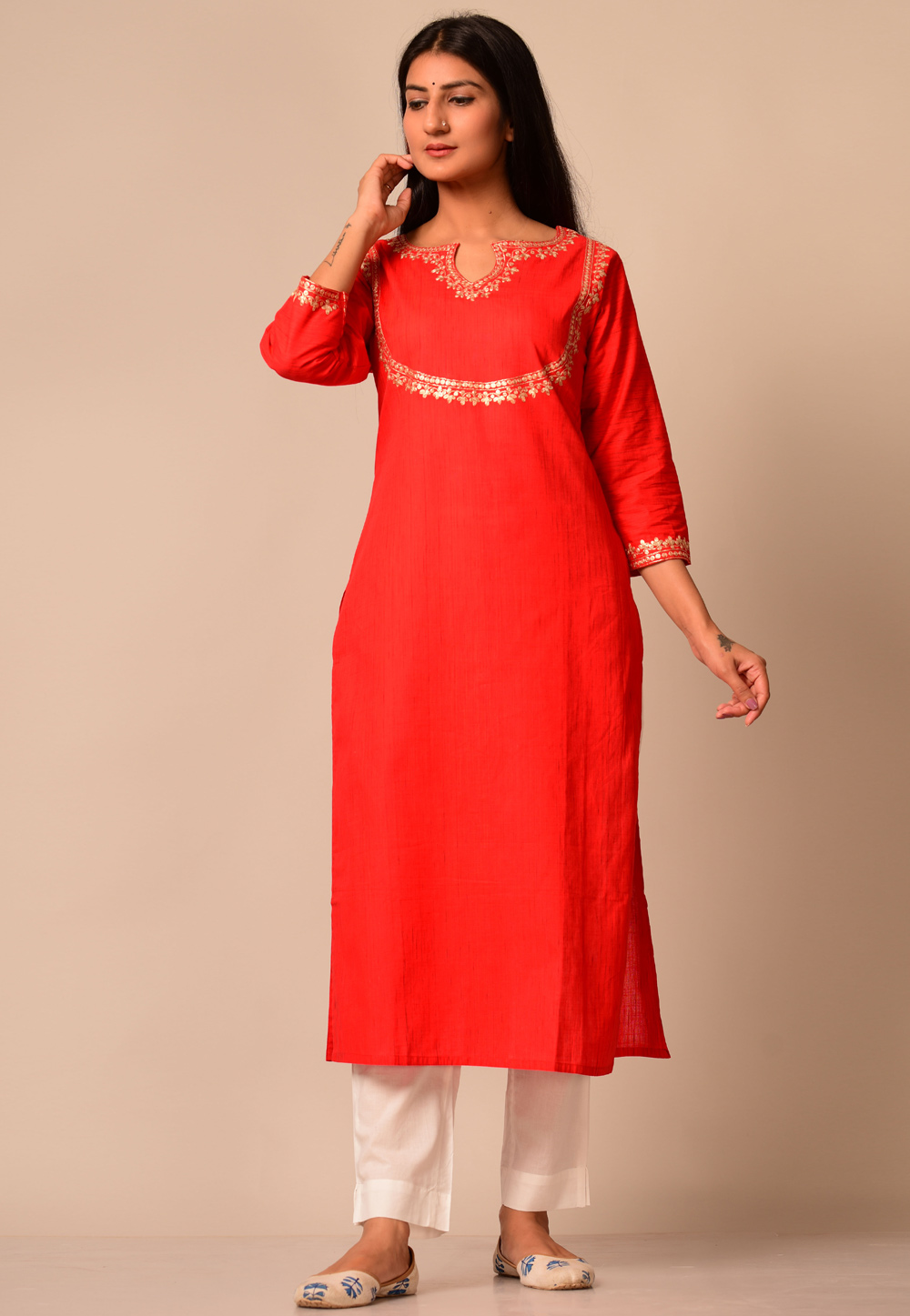Red Cotton Readymade Kurti 207338
