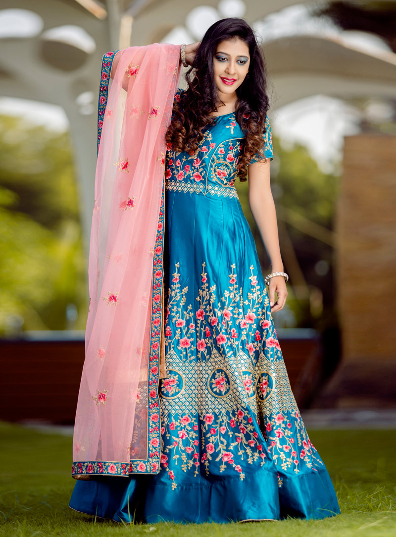 Blue Silk Abaya Style Anarkali Suit 150647