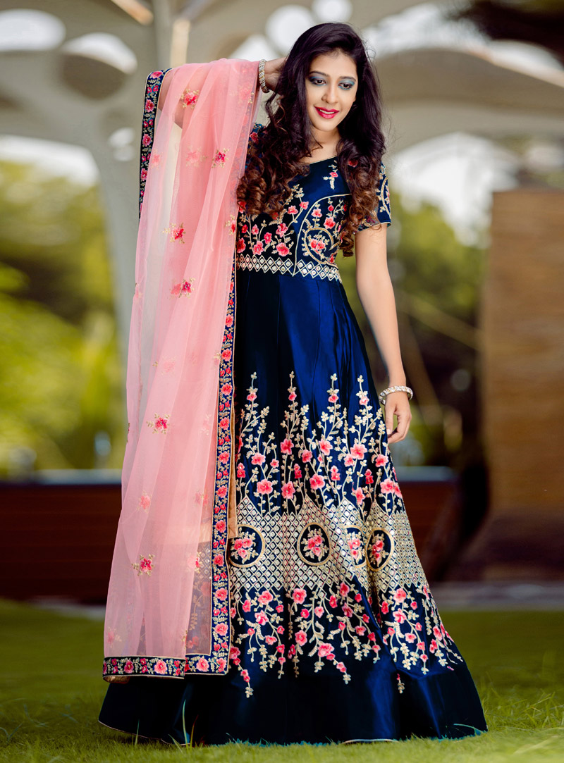Navy Blue Silk Floor Length Anarkali Suit 150649