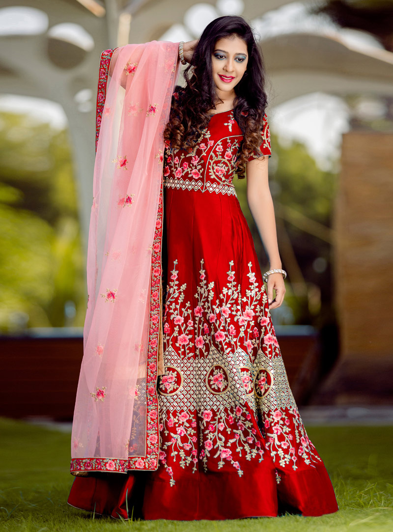 Red Silk Floor Length Anarkali Suit 150653