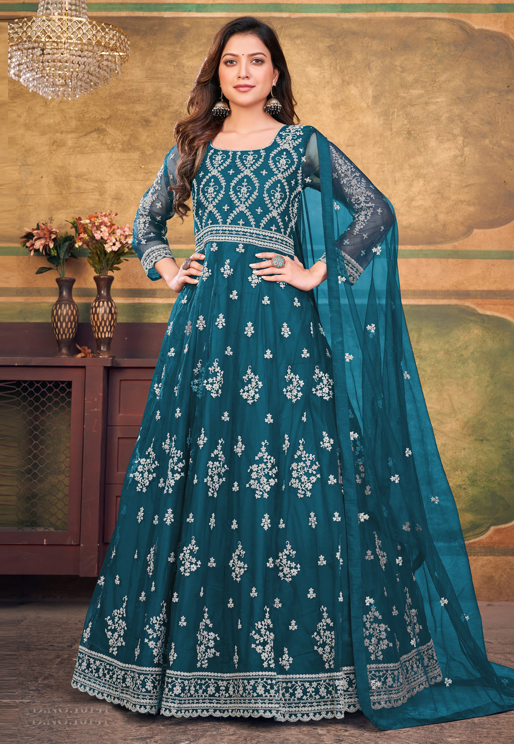Teal Net Long Anarkali Suit 260136