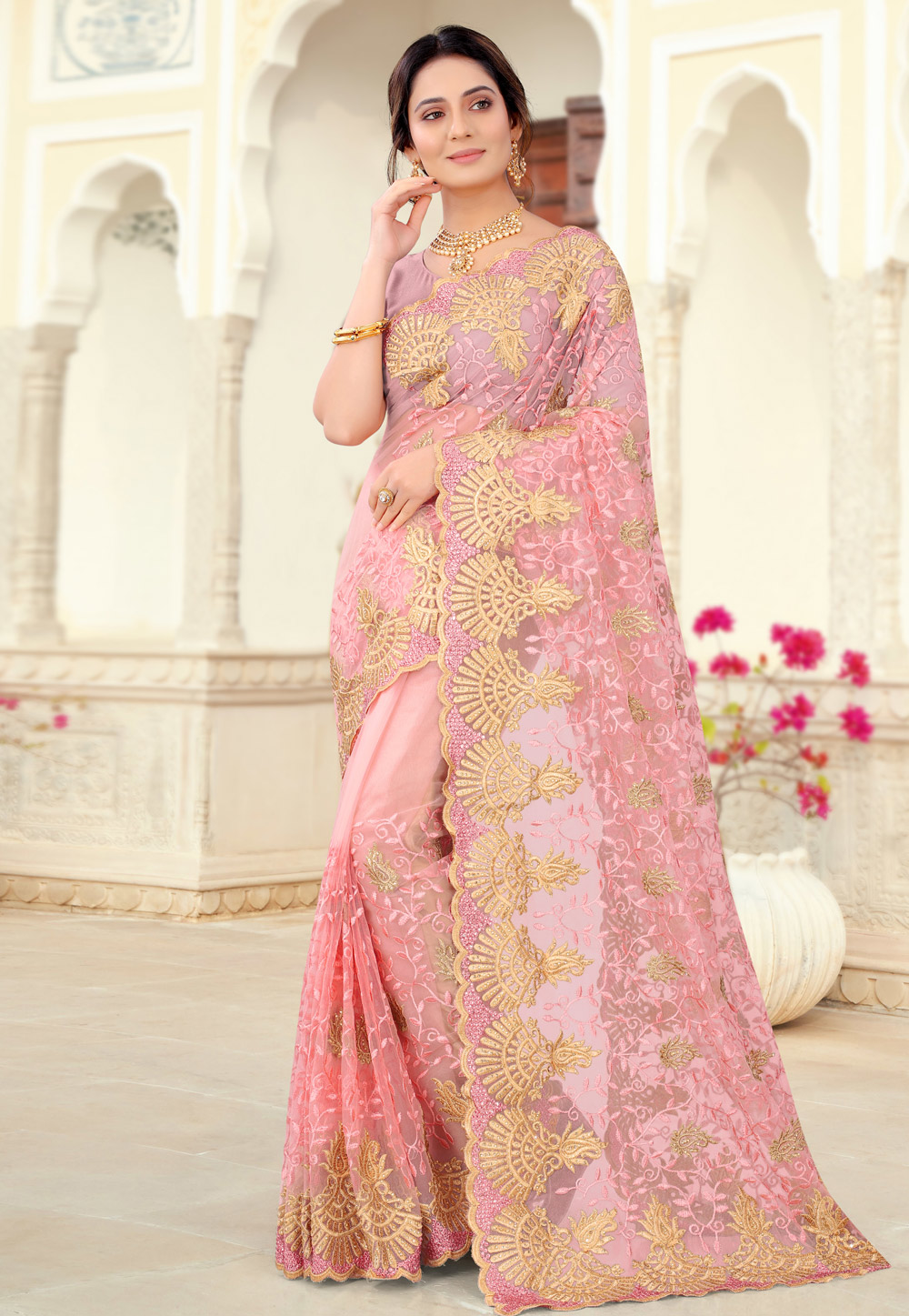 Pink Net Festival Wear Saree 234290
