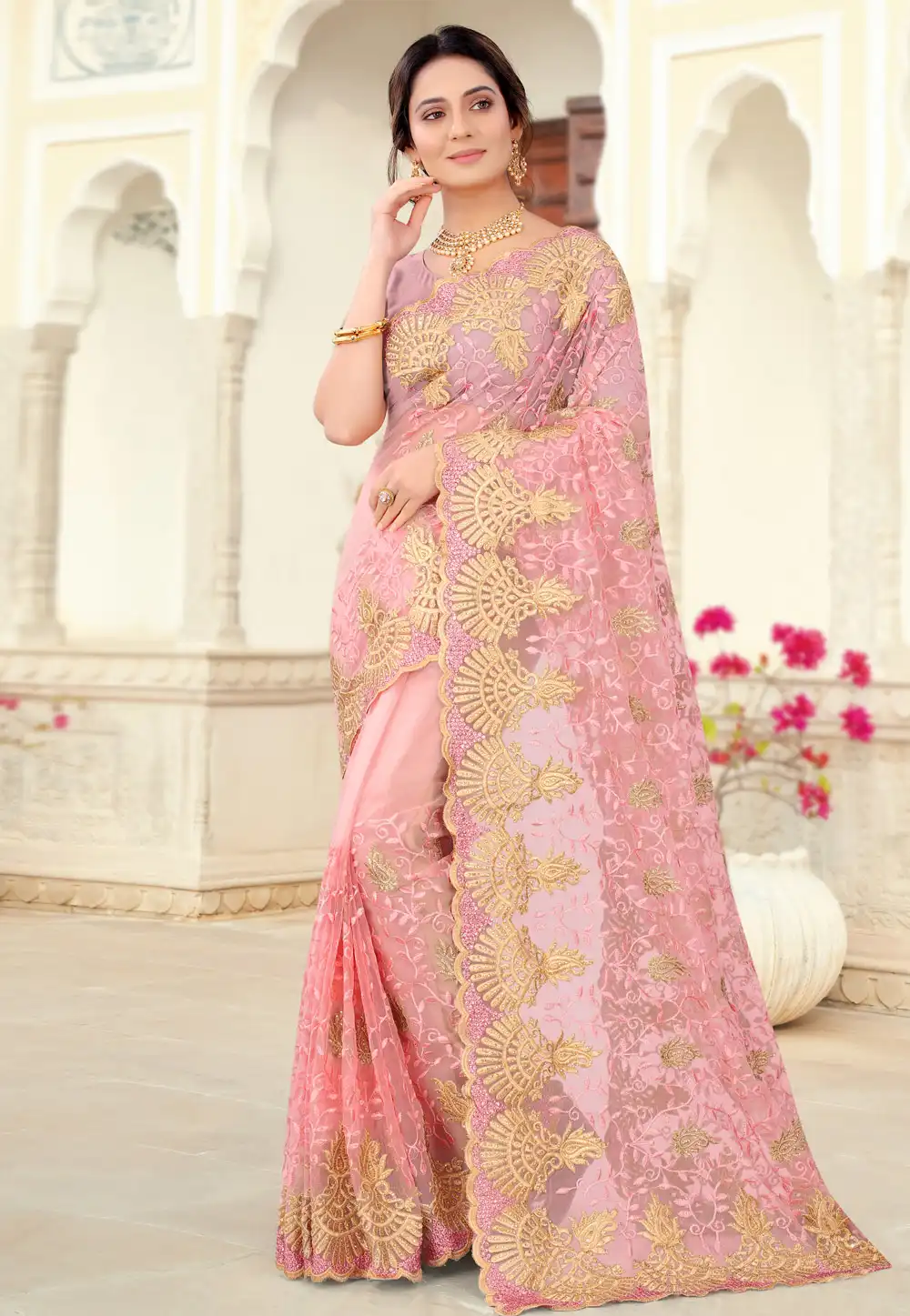 Pink Net Festival Wear Saree 234290