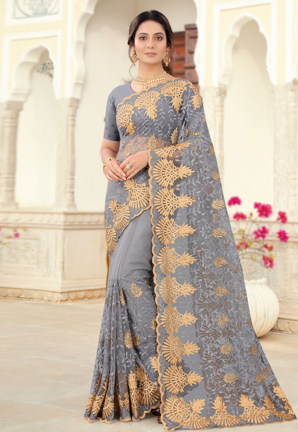 Grey Net Saree With Blouse 234291