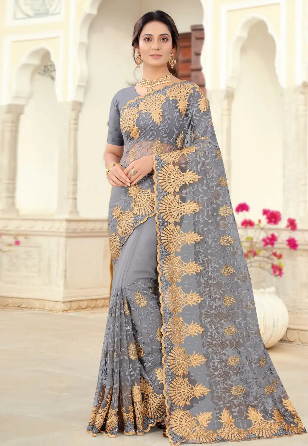 Grey Net Saree With Blouse 234291