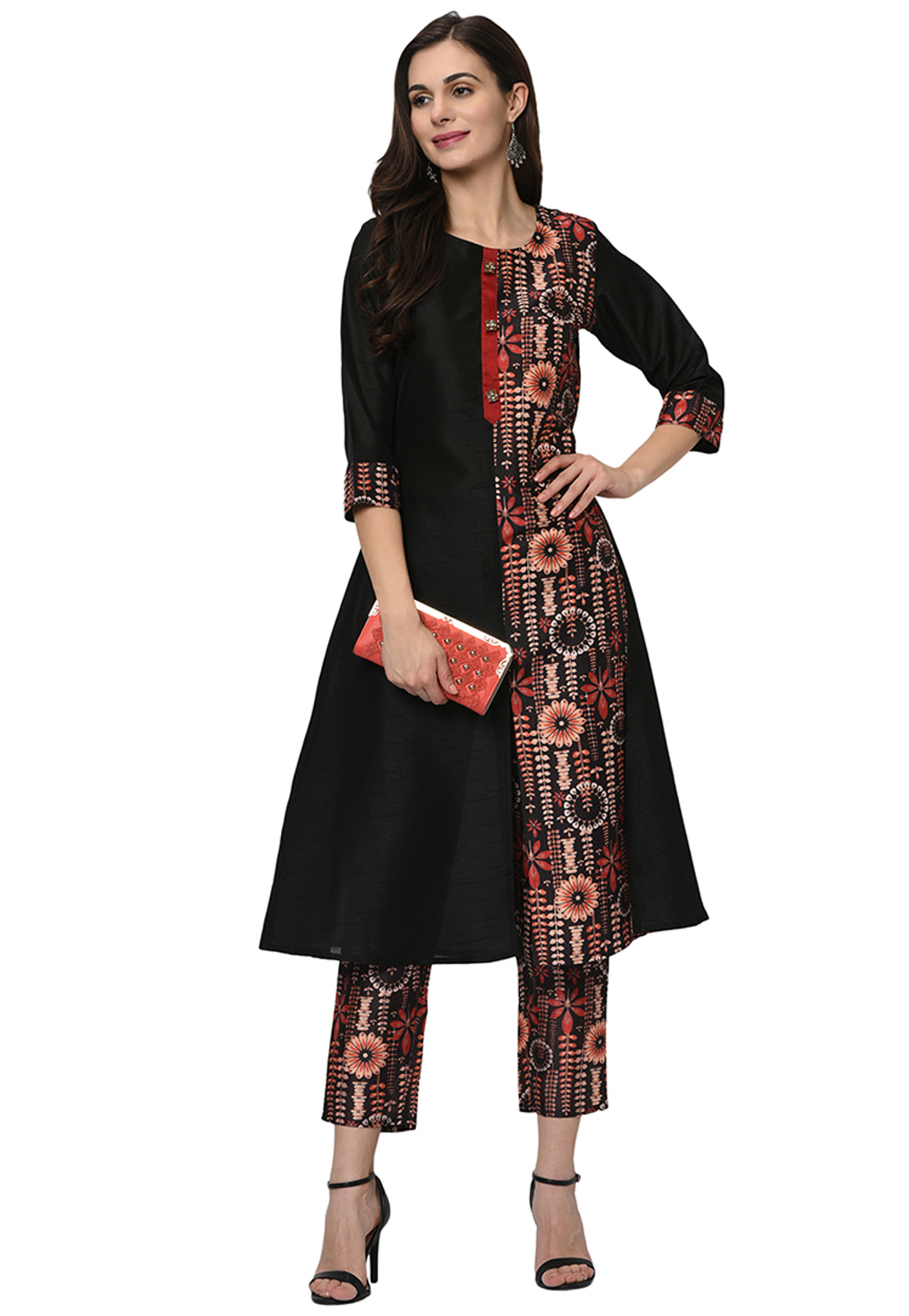 Black Poly Silk Readymade Printed Tunic 207626