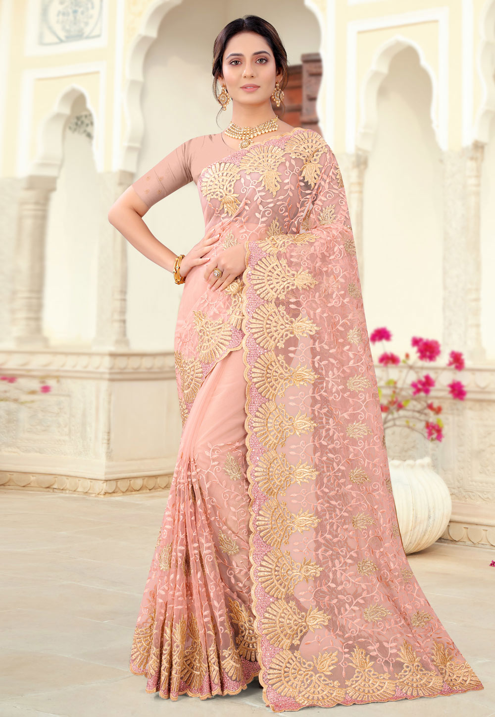 Peach Net Festival Wear Saree 234292