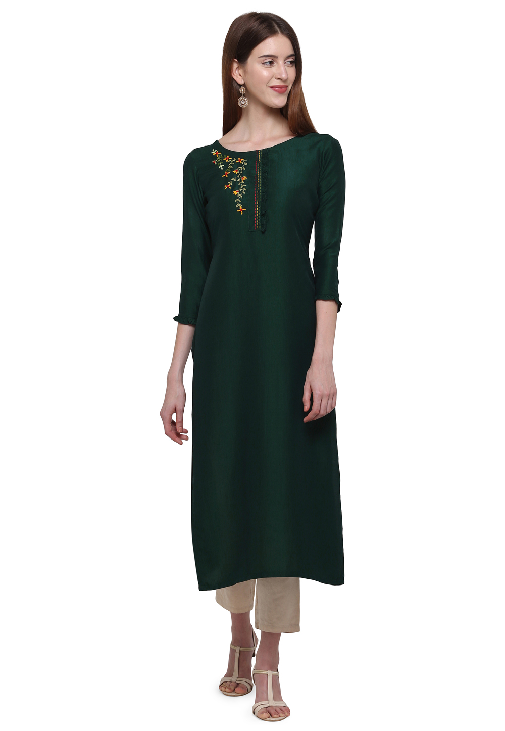 Green Muslin Readymade Hand Work Kurti 207711