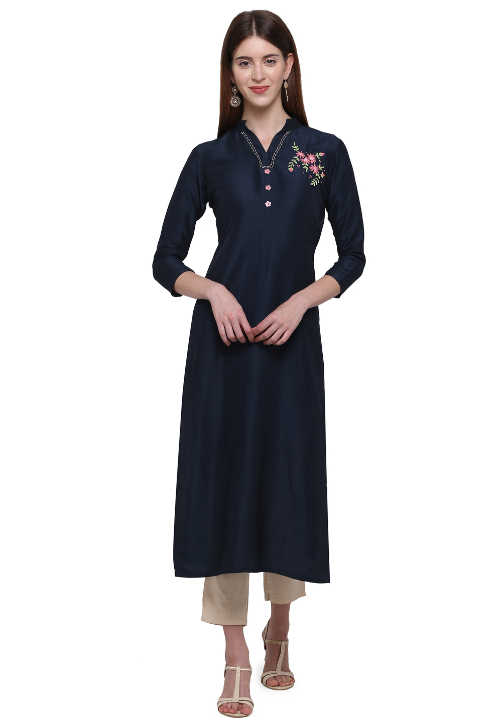 Navy Blue Muslin Readymade Hand Work Tunic 207714