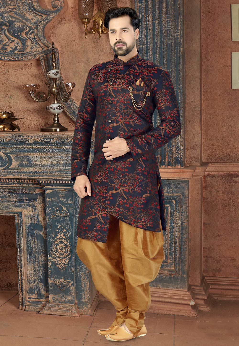 Navy Blue Jacquard Indo Western Suit 217690