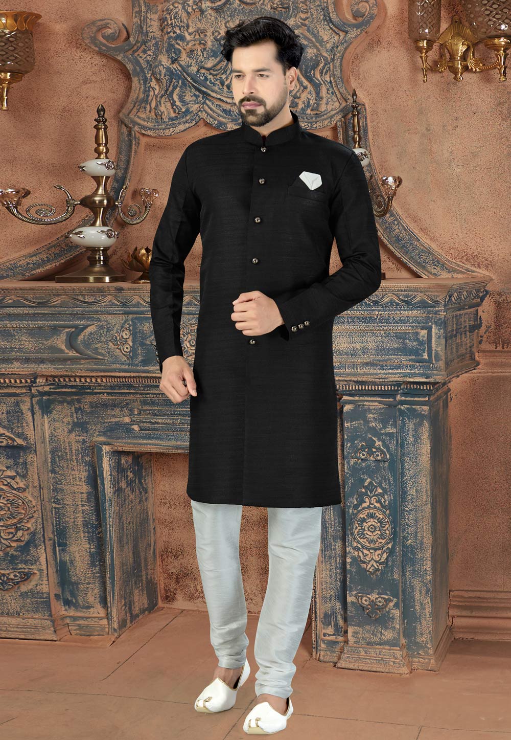 Black Silk Indo Western Suit 217693