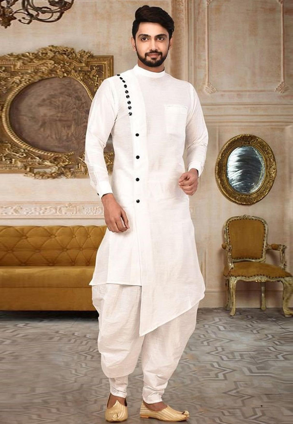 White Dupion Silk Readymade Dhoti Kurta 213570