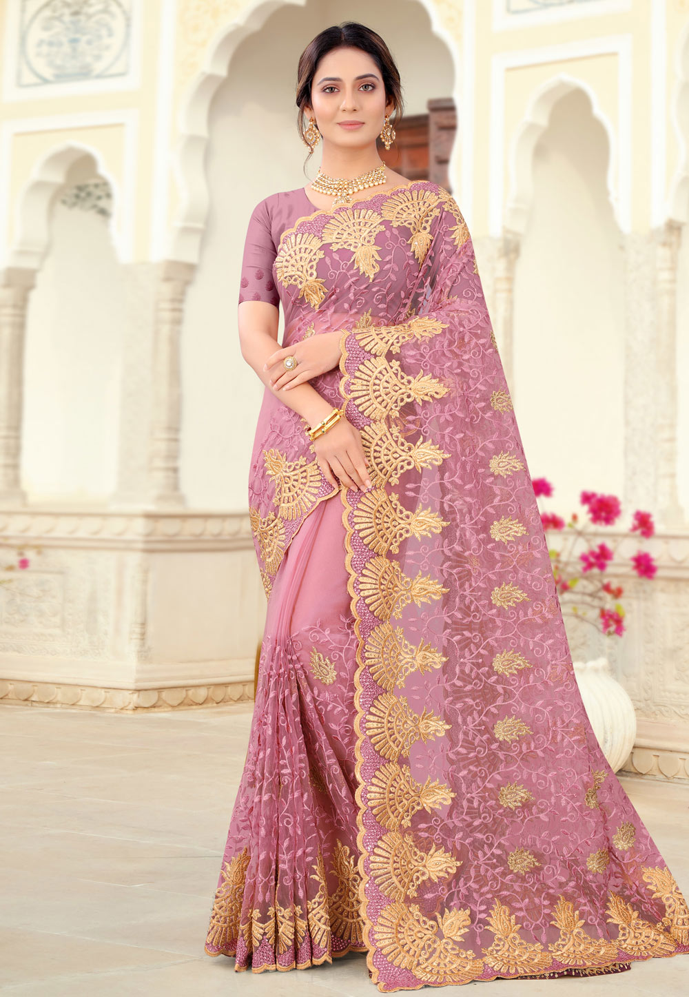 Pink Net Festival Wear Saree 234294