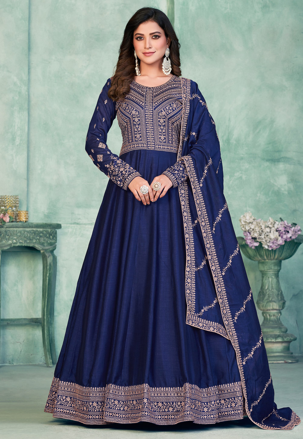 Navy Blue Art Silk Long Anarkali Suit 269562