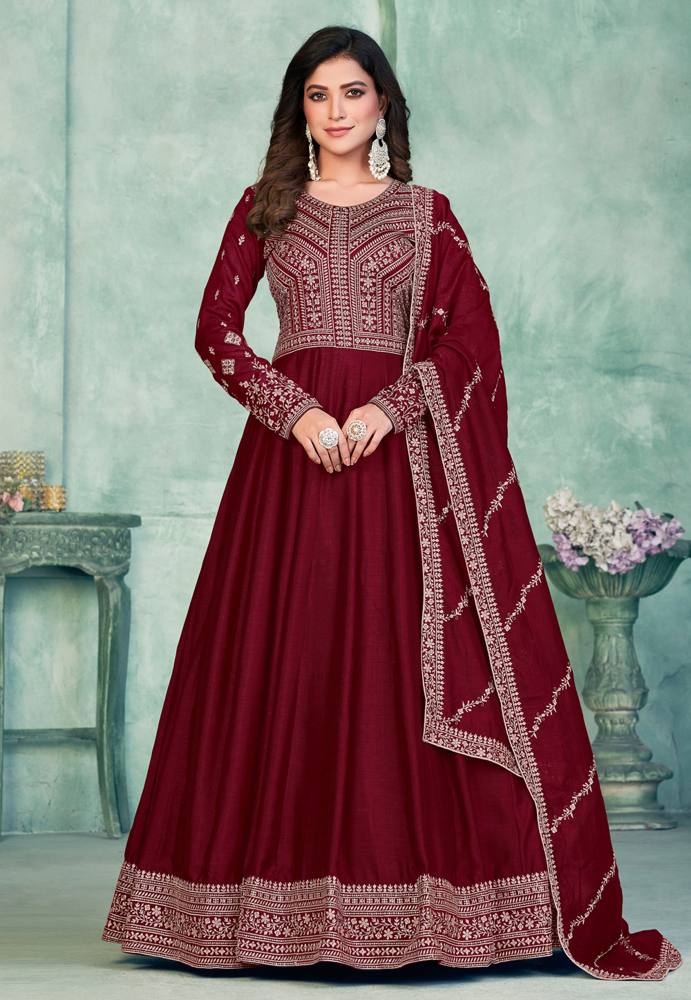 Maroon Art Silk Abaya Style Anarkali Suit 269563