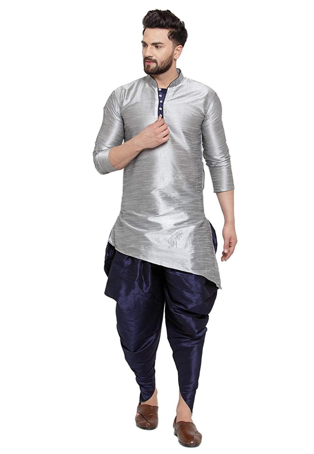 Grey Dupion Silk Readymade Dhoti Kurta 213572