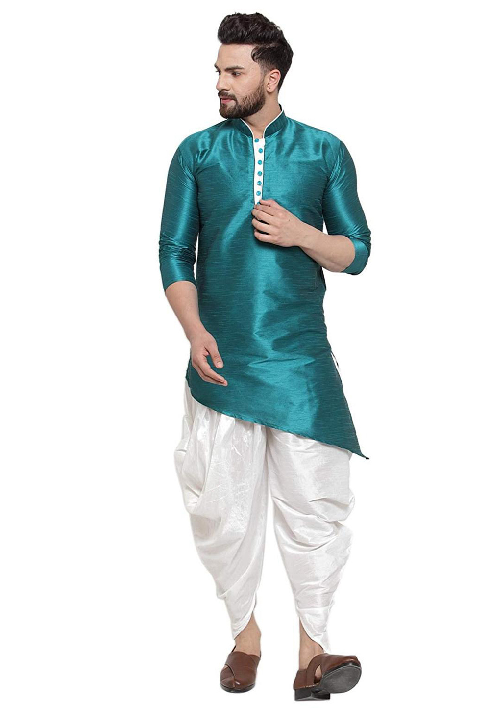 Teal Dupion Silk Readymade Dhoti Kurta 213578