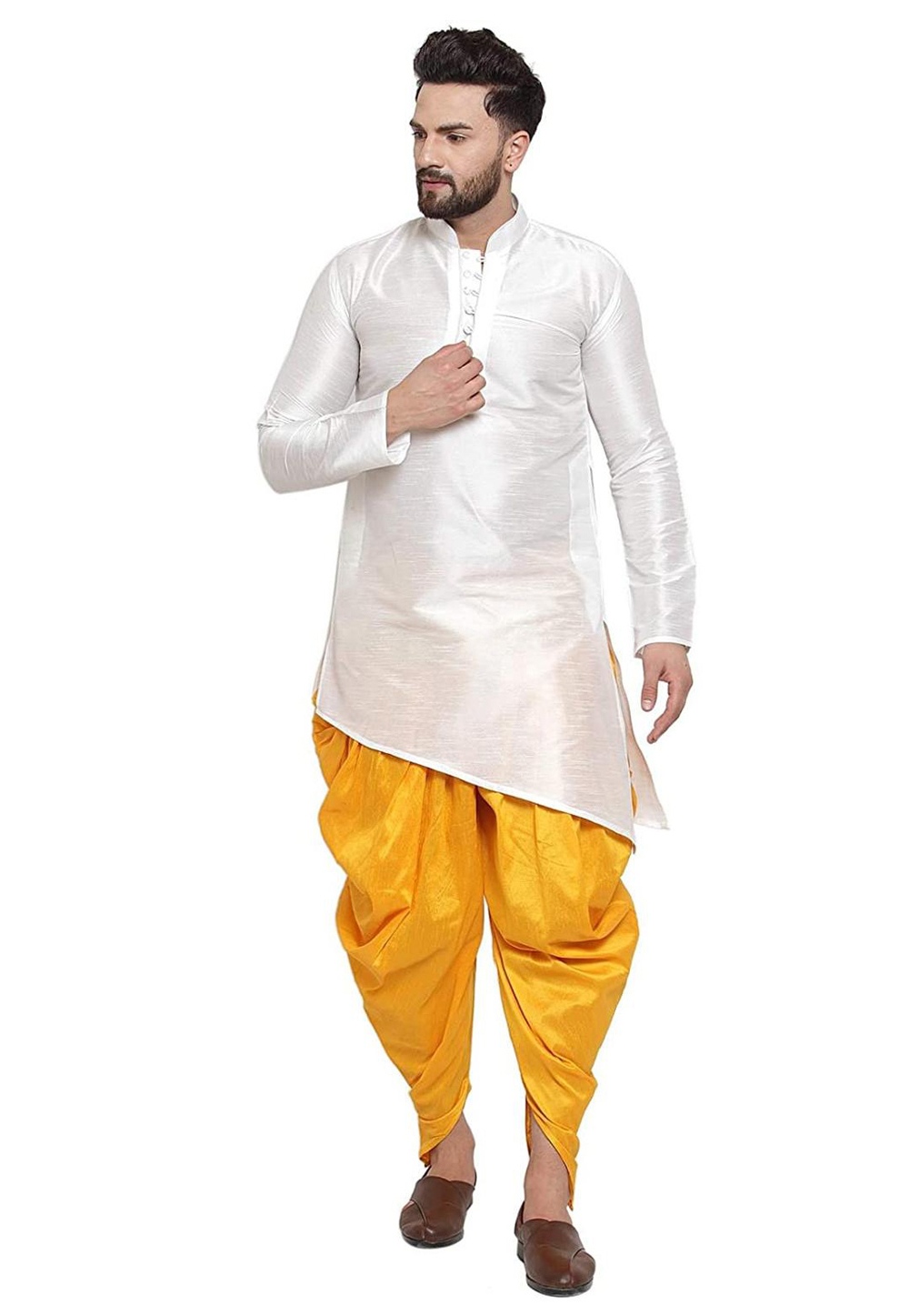 White Dupion Silk Readymade Dhoti Kurta 213579