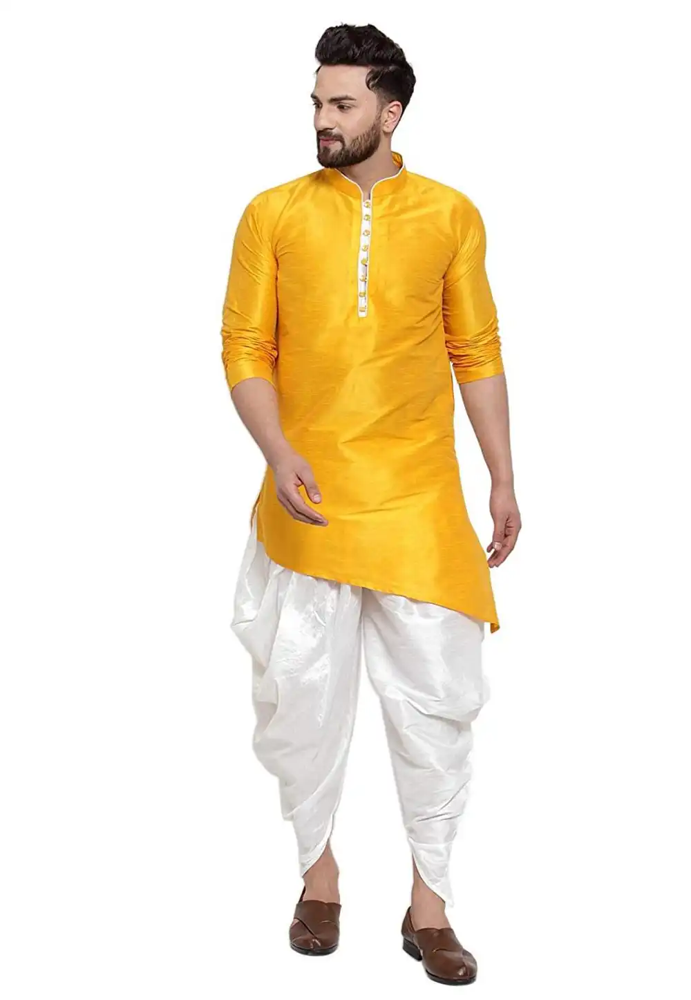 Yellow Dupion Silk Readymade Dhoti Kurta 213580