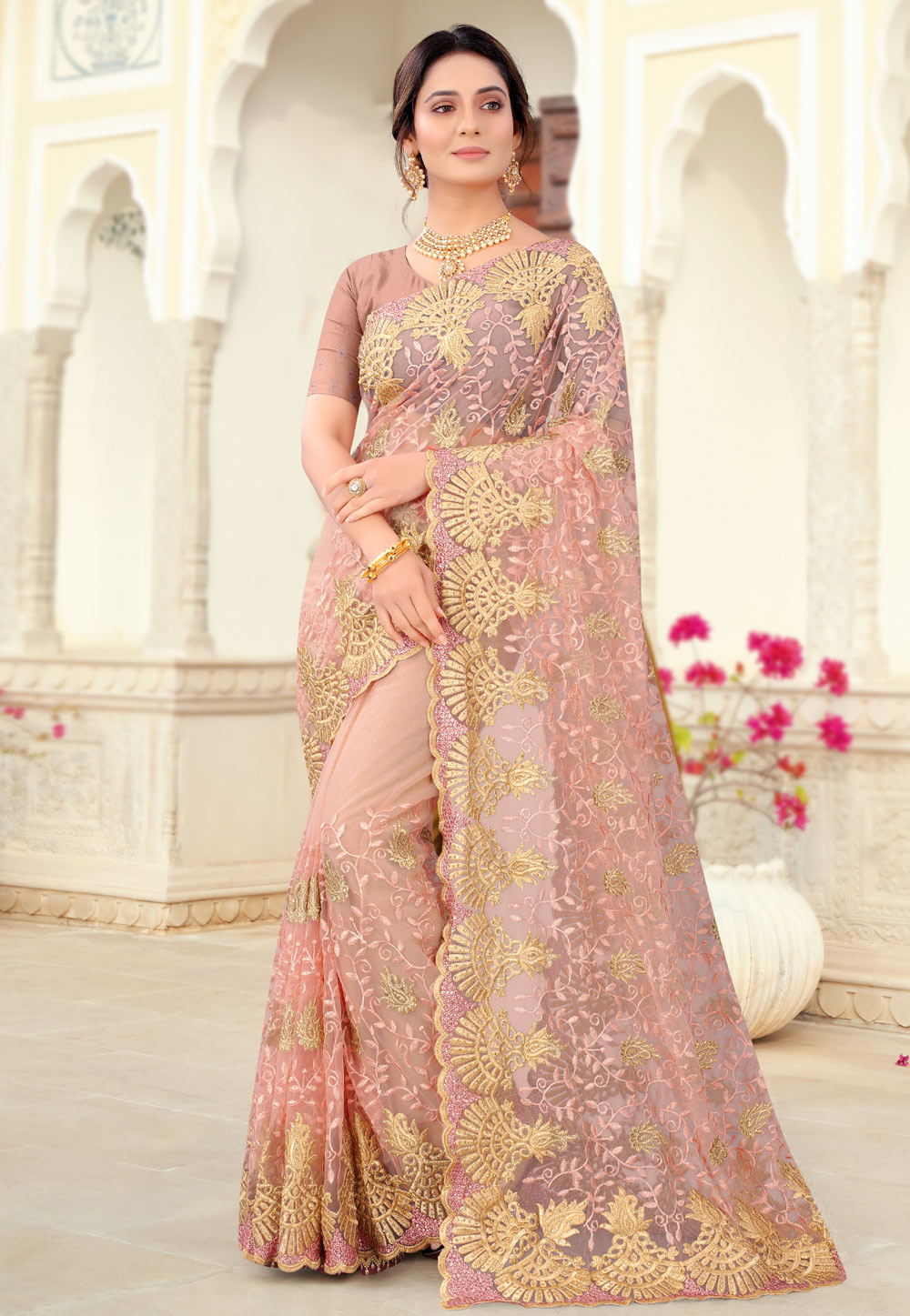 Peach Net Saree With Blouse 234295