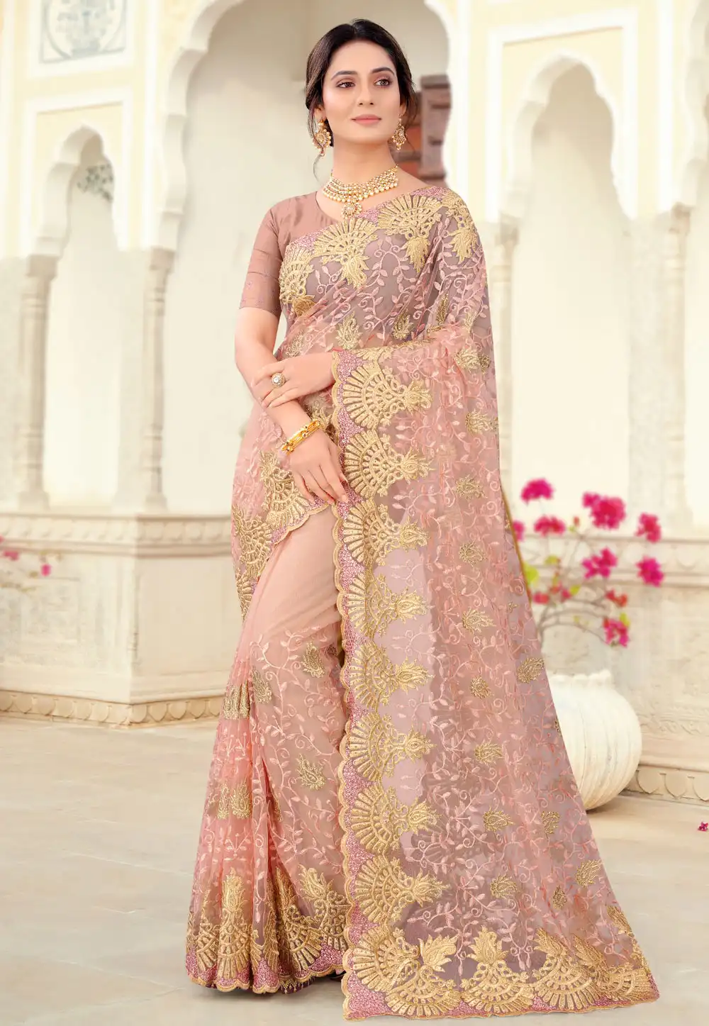 Peach Net Saree With Blouse 234295