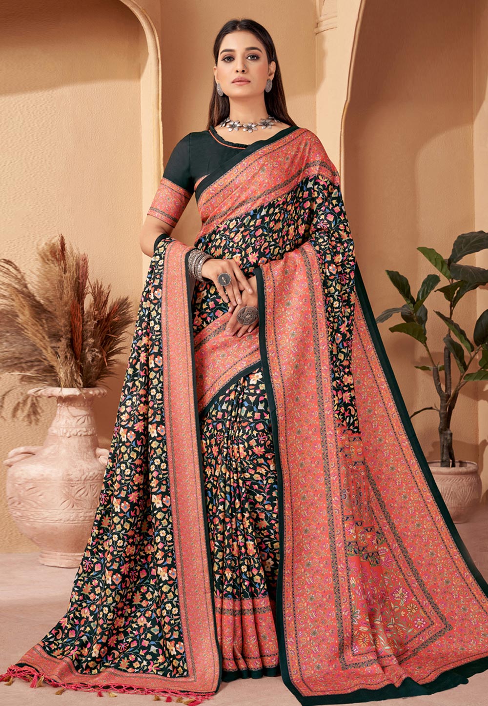 Black Pashmina Saree With Shawl 277373