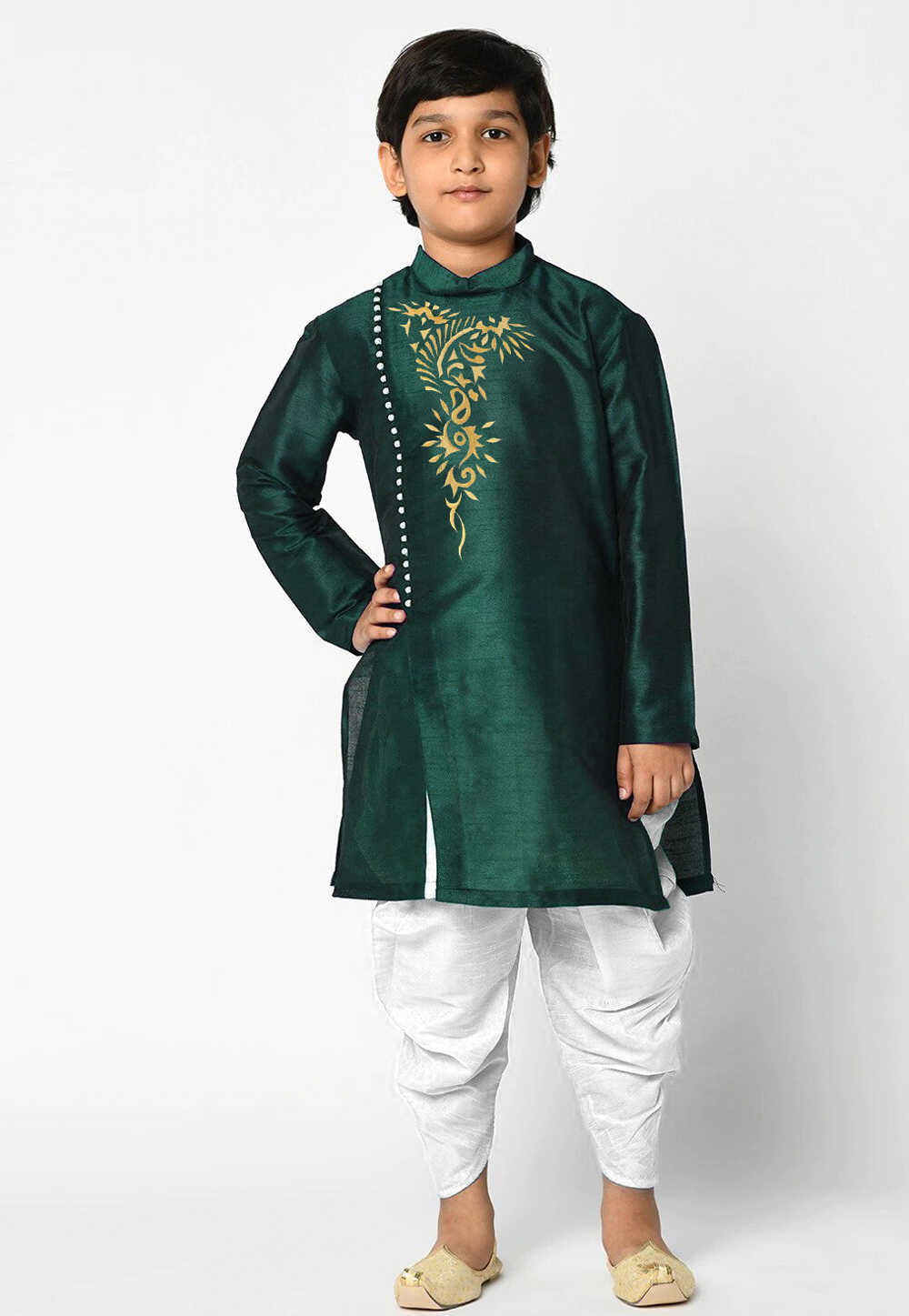 Green Dupion Silk Kids Dhoti Kurta 235399
