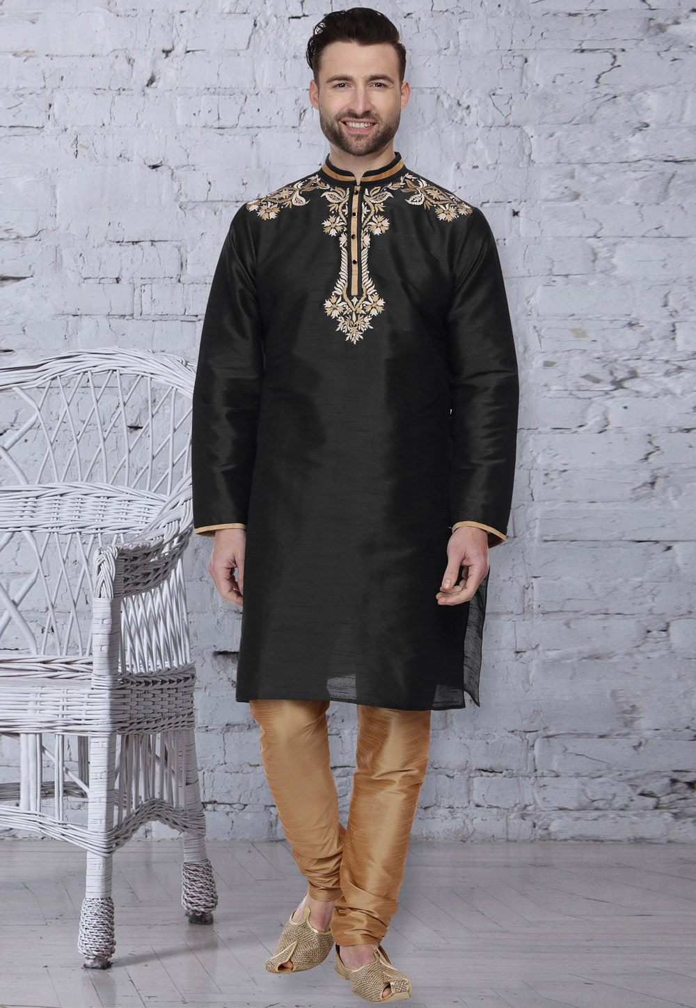 Black Dupion Silk Readymade Kurta Pajama 203896