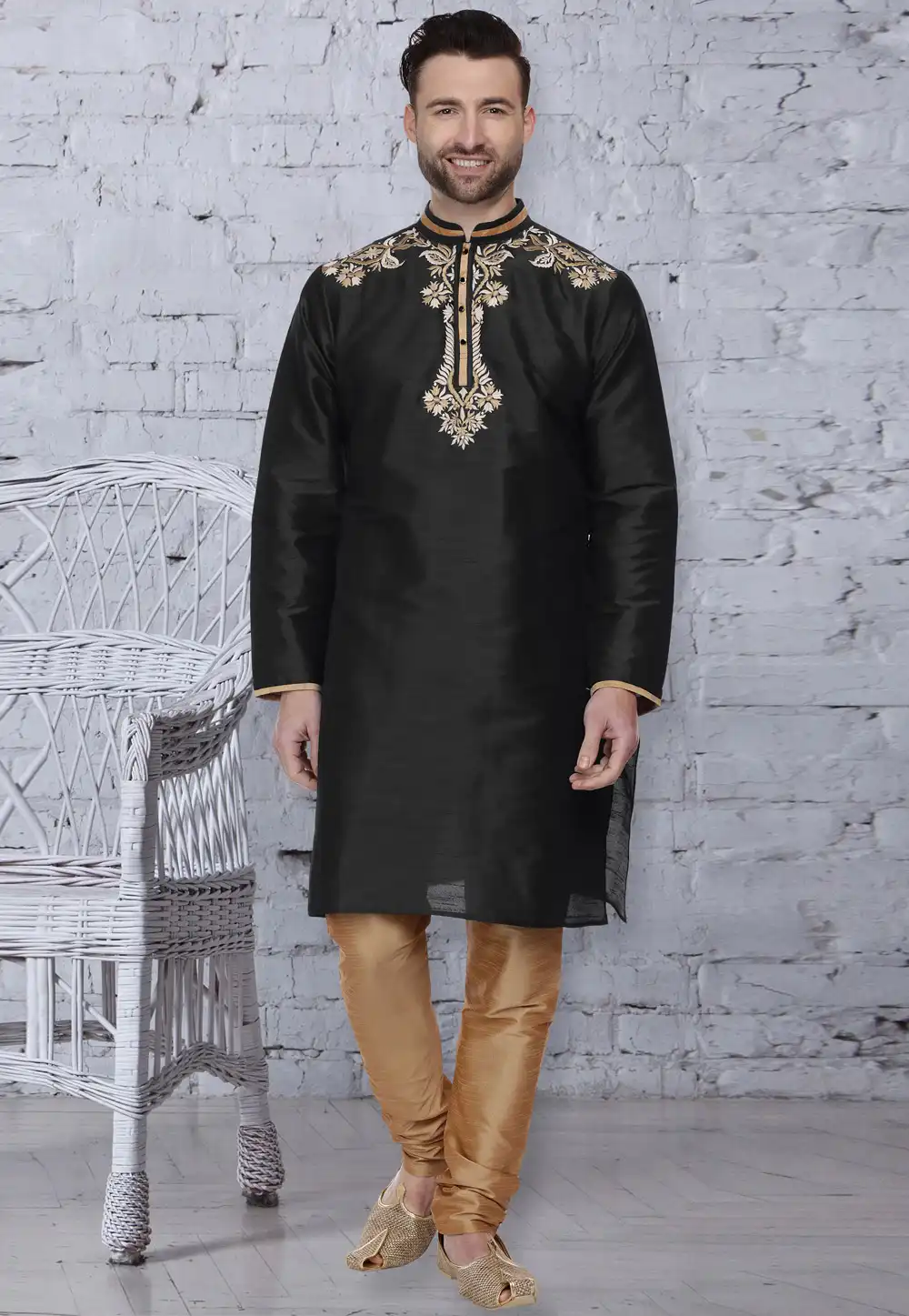 Black Dupion Silk Readymade Kurta Pajama 203896