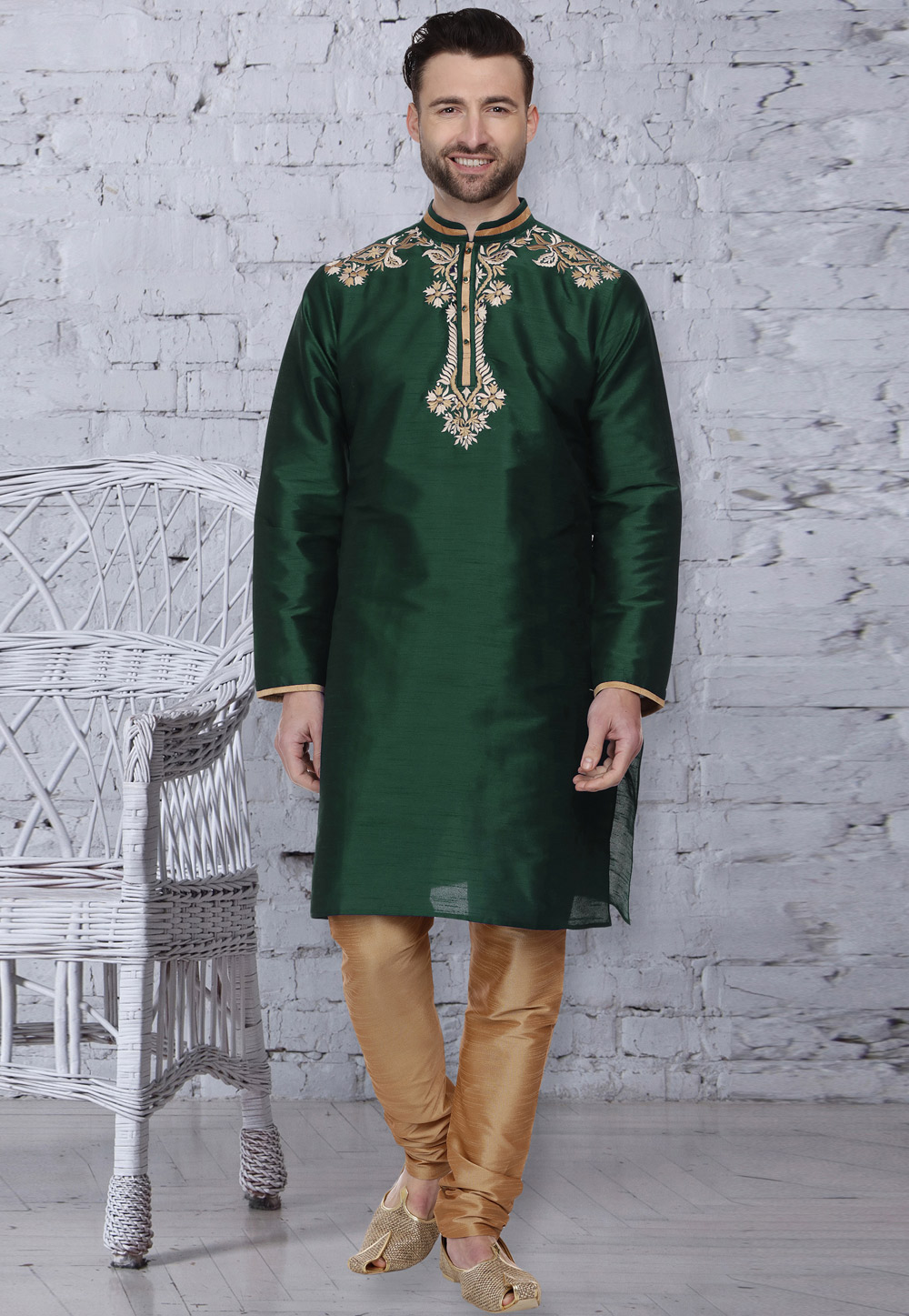 Green Dupion Silk Readymade Kurta Pajama 203897