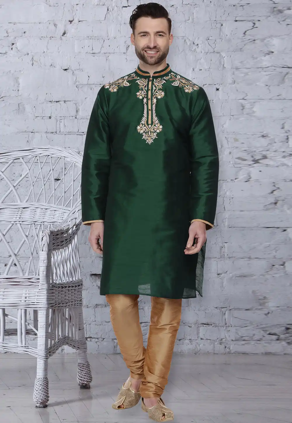 Green Dupion Silk Readymade Kurta Pajama 203897