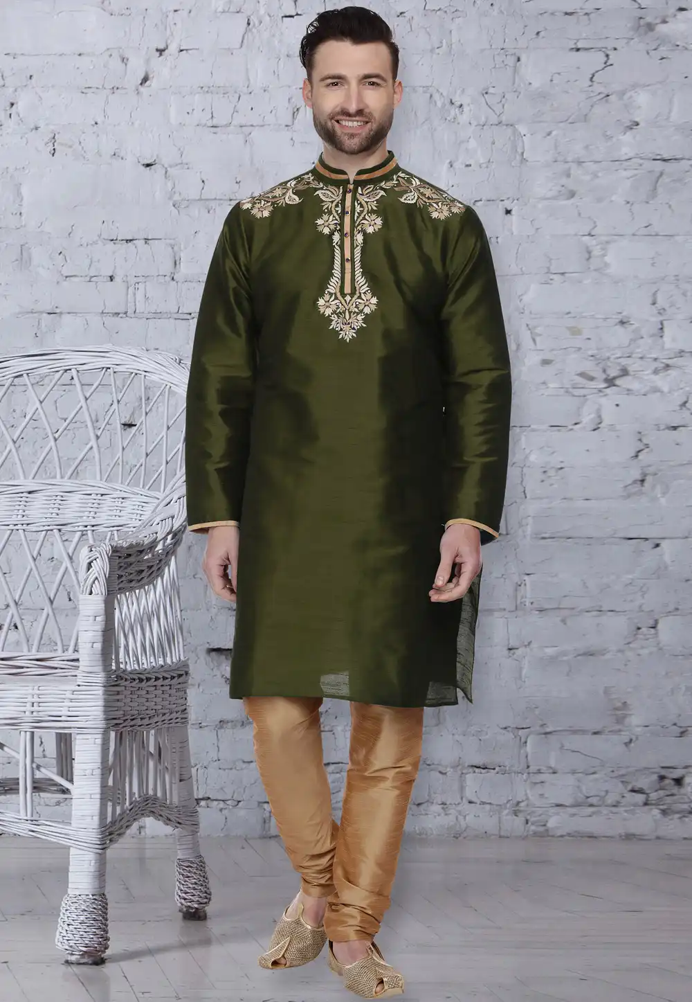 Green Dupion Silk Readymade Kurta Pajama 203899