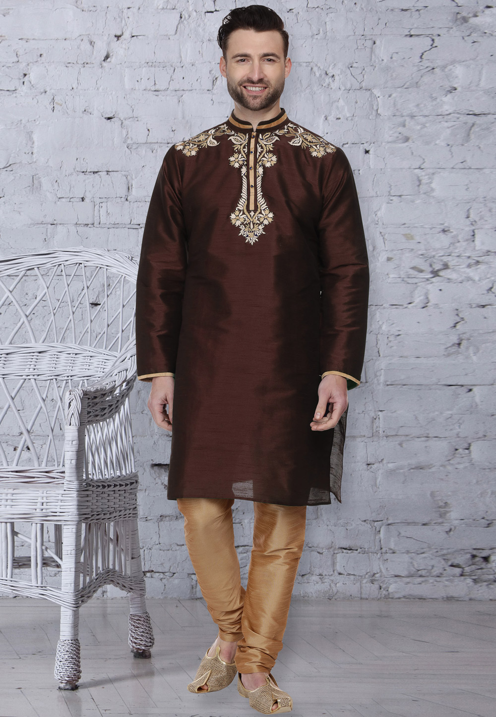 Brown Dupion Silk Readymade Kurta Pajama 203900