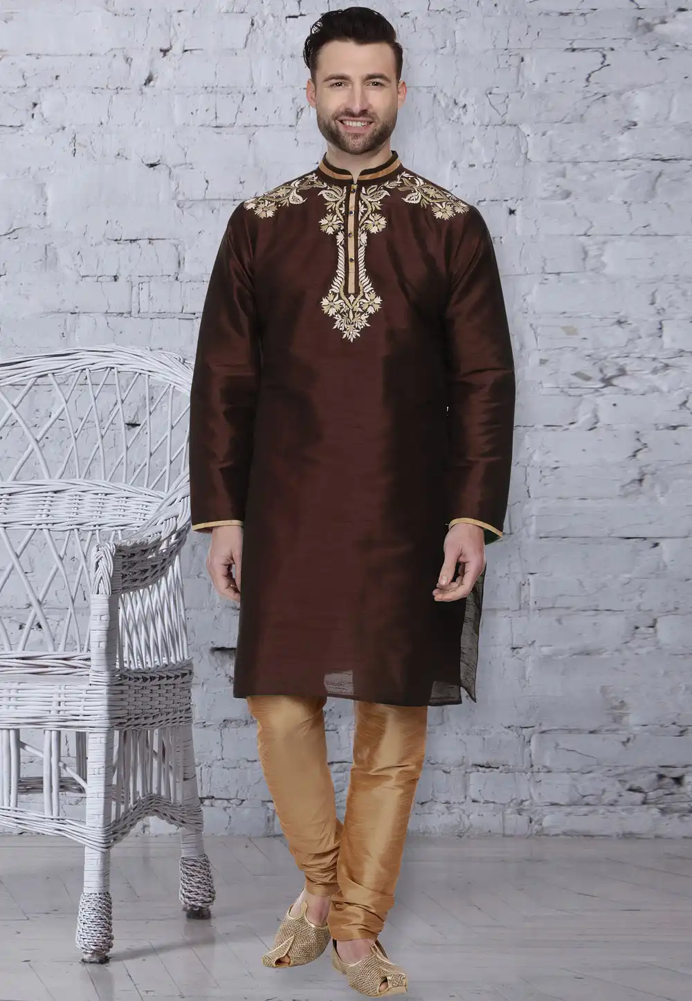 Brown Dupion Silk Readymade Kurta Pajama 203900
