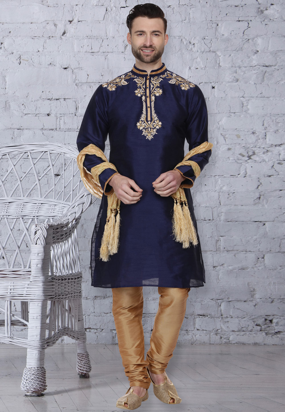 Navy Blue Dupion Silk Readymade Kurta Pajama 160962
