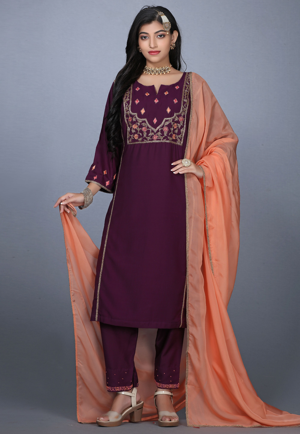 Purple Art Silk Handwork Pant Style Suit 240163