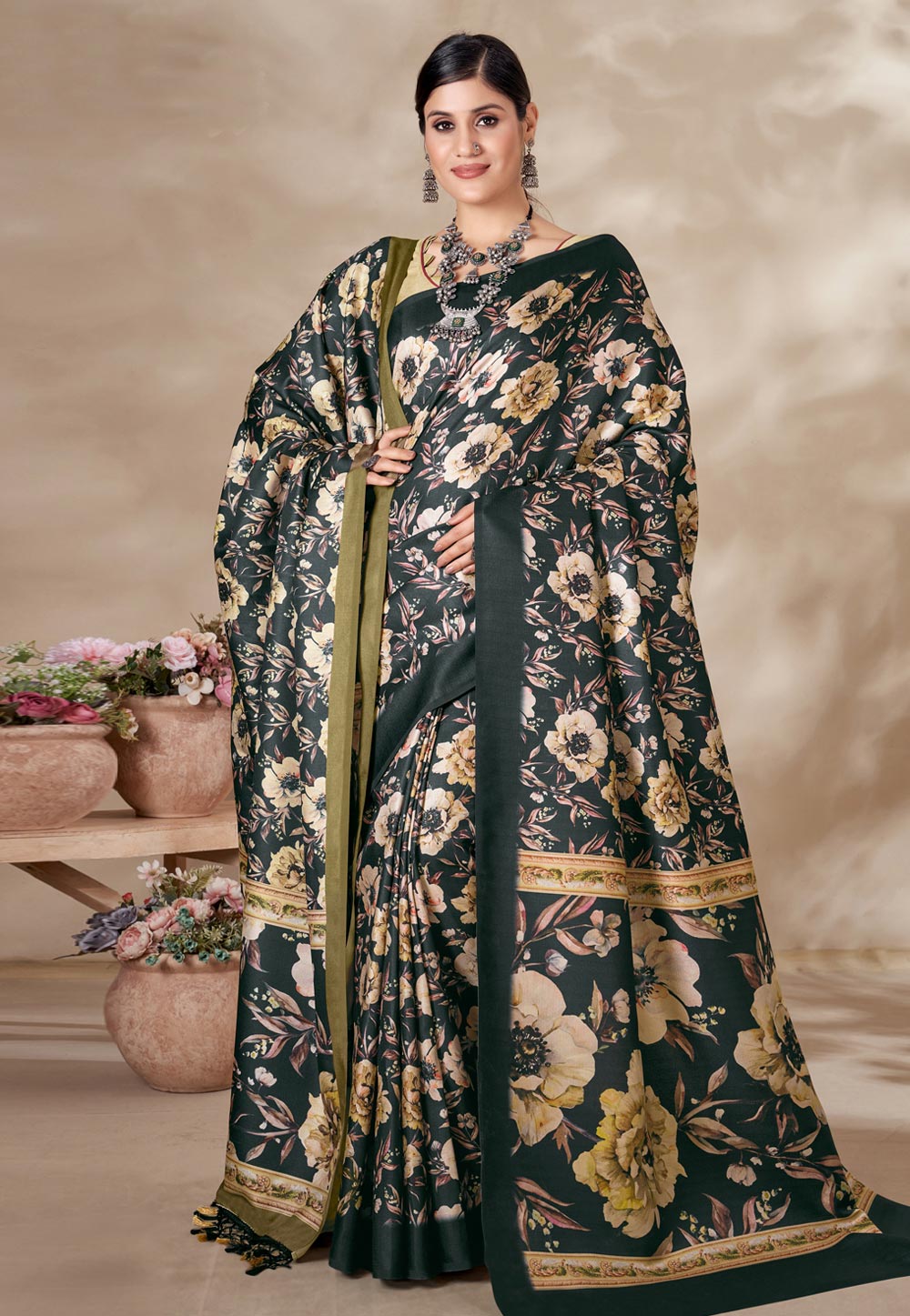 Teal Pashmina Saree With Shawl 277375
