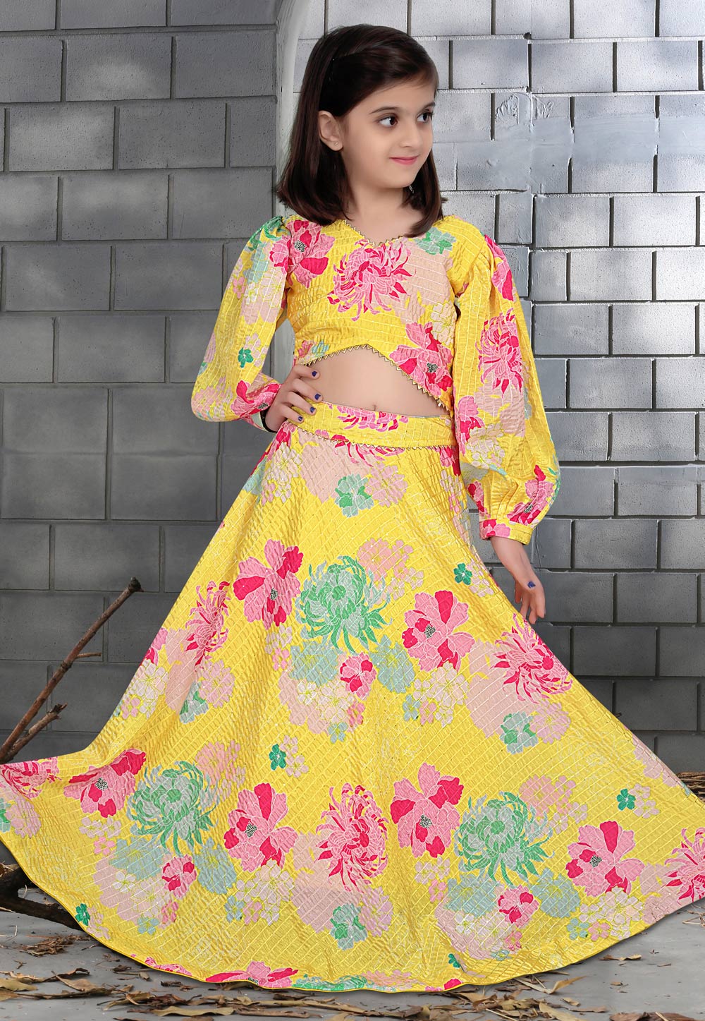 Yellow Chinon Silk Kids Lehenga Choli 263899