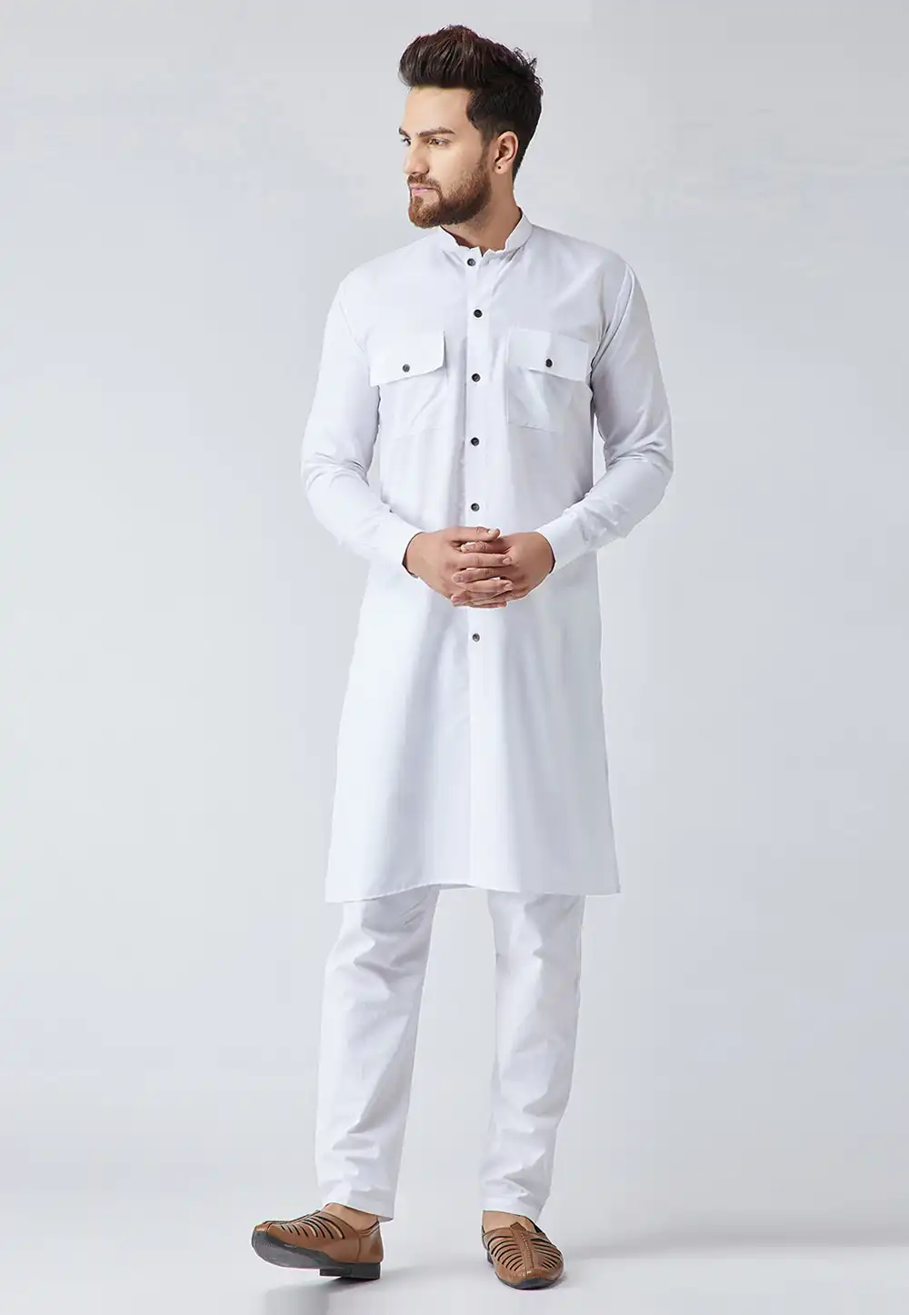 White Cotton Readymade Kurta Pajama 213637