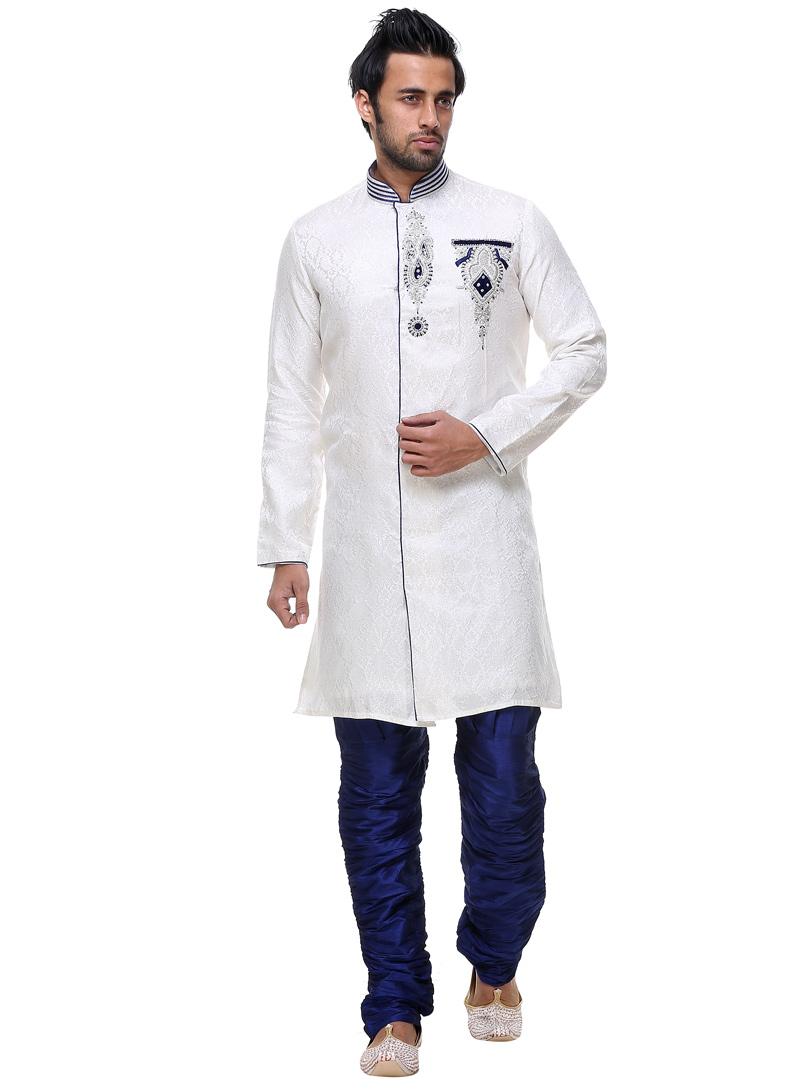Off White Brocade Semi Indo Western Sherwani 92836