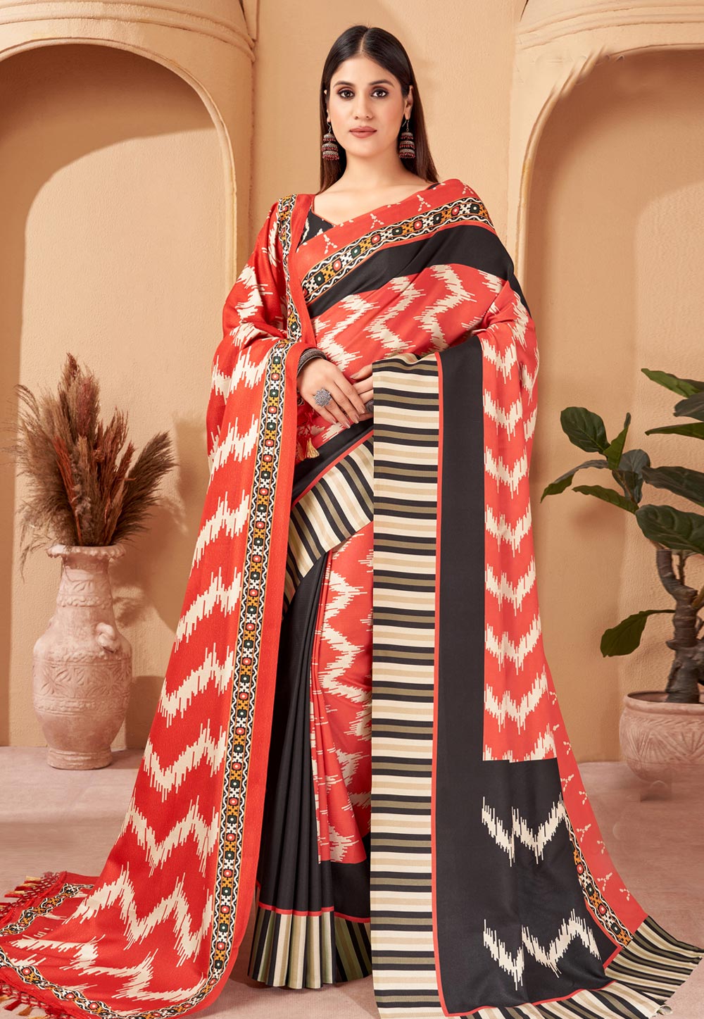 Red Pashmina Saree With Shawl 277376