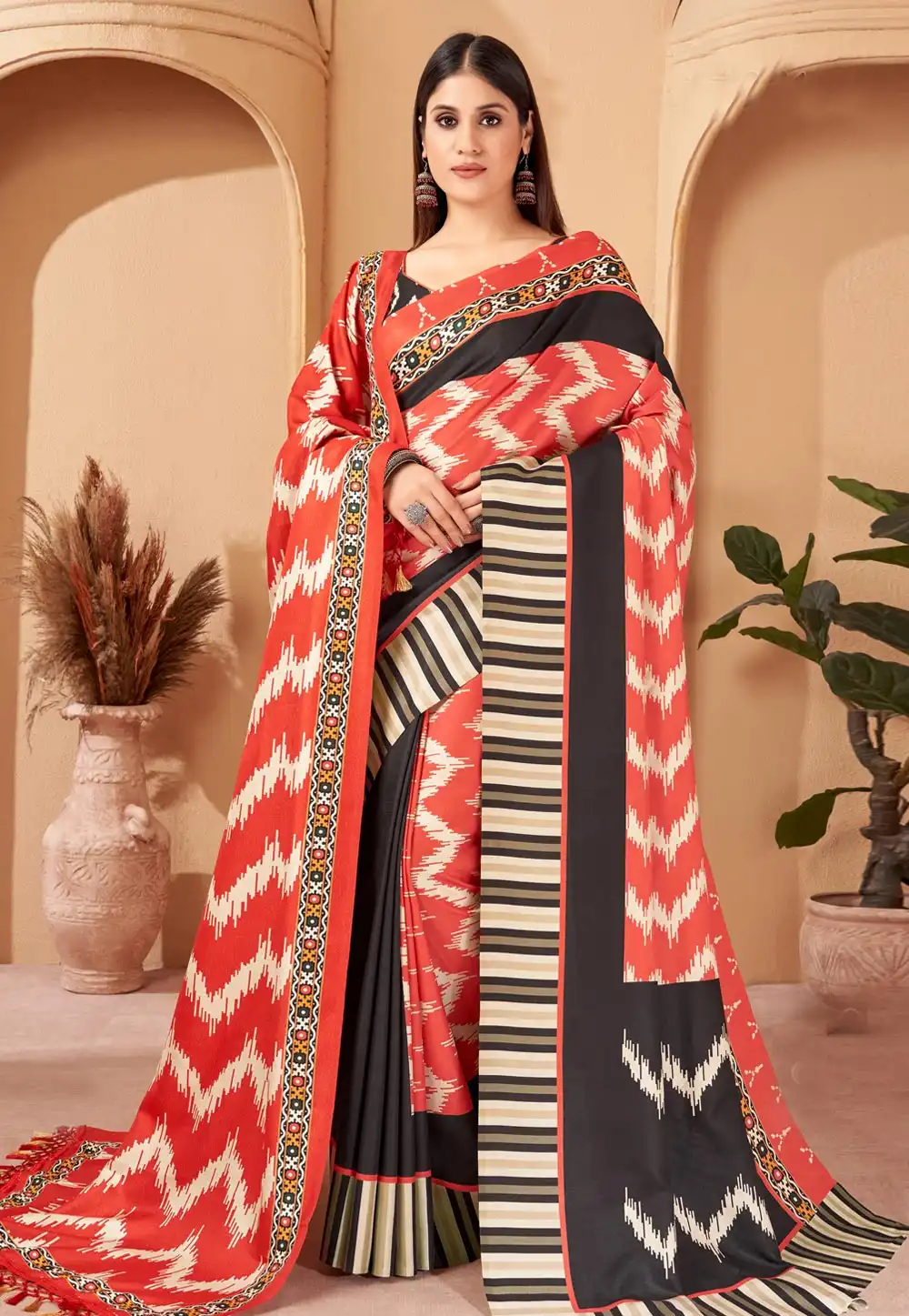 Red Pashmina Saree With Shawl 277376