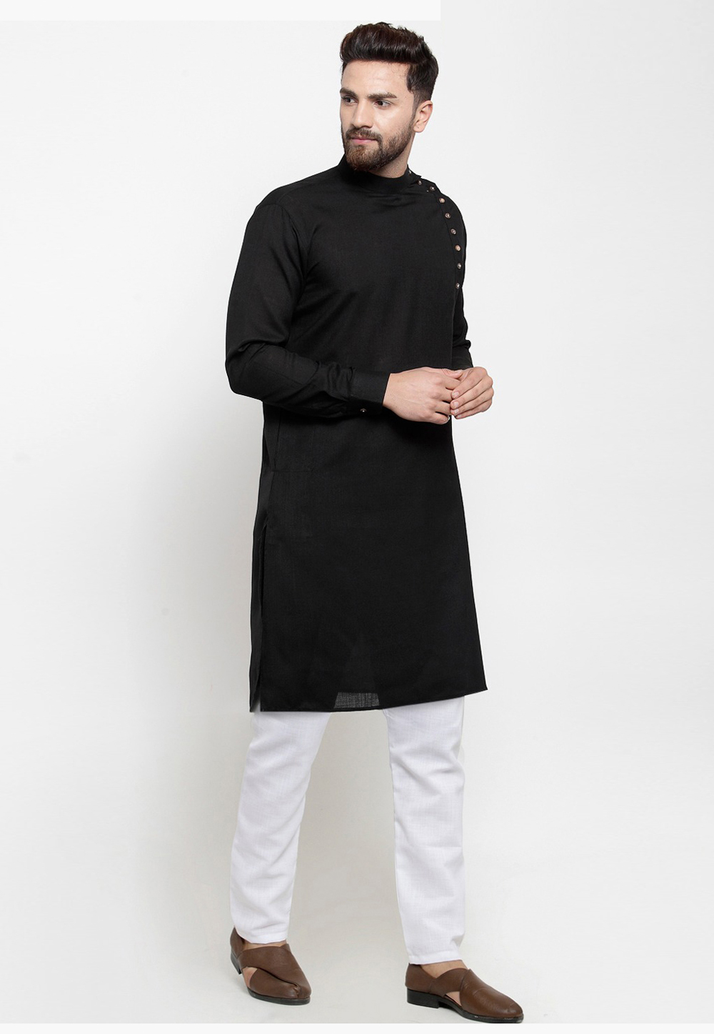Black Cotton Readymade Kurta Pajama 213639
