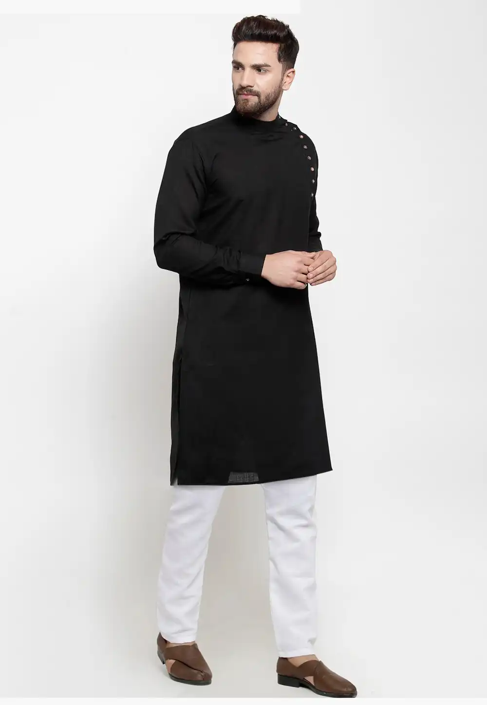 Black Cotton Readymade Kurta Pajama 213639