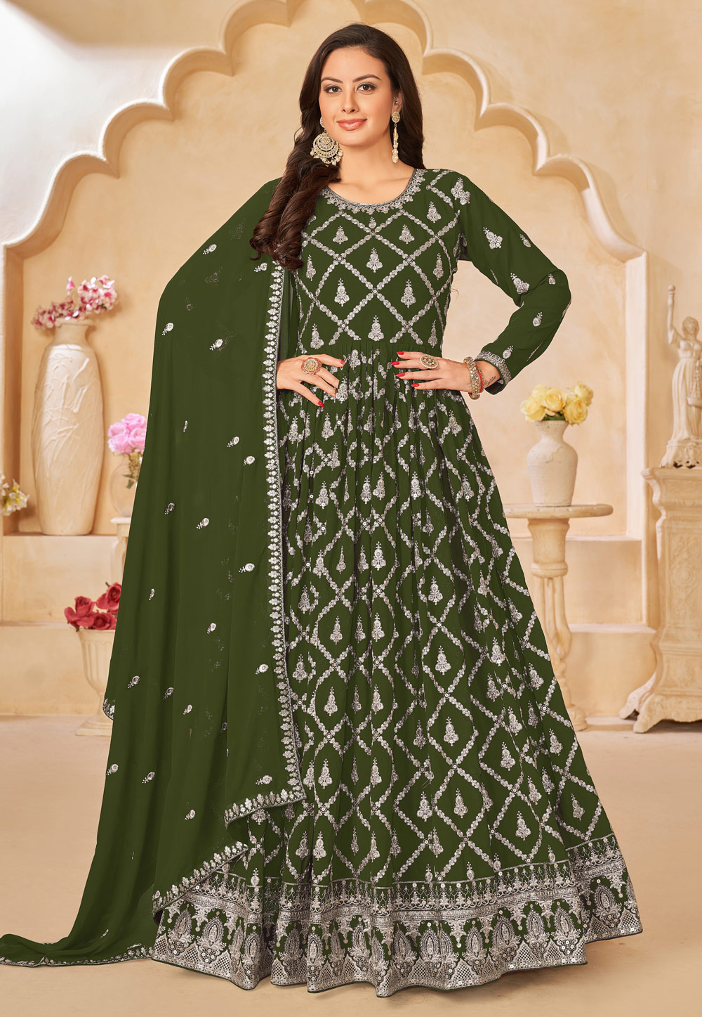 Mehndi Faux Georgette Long Anarkali Suit 274552