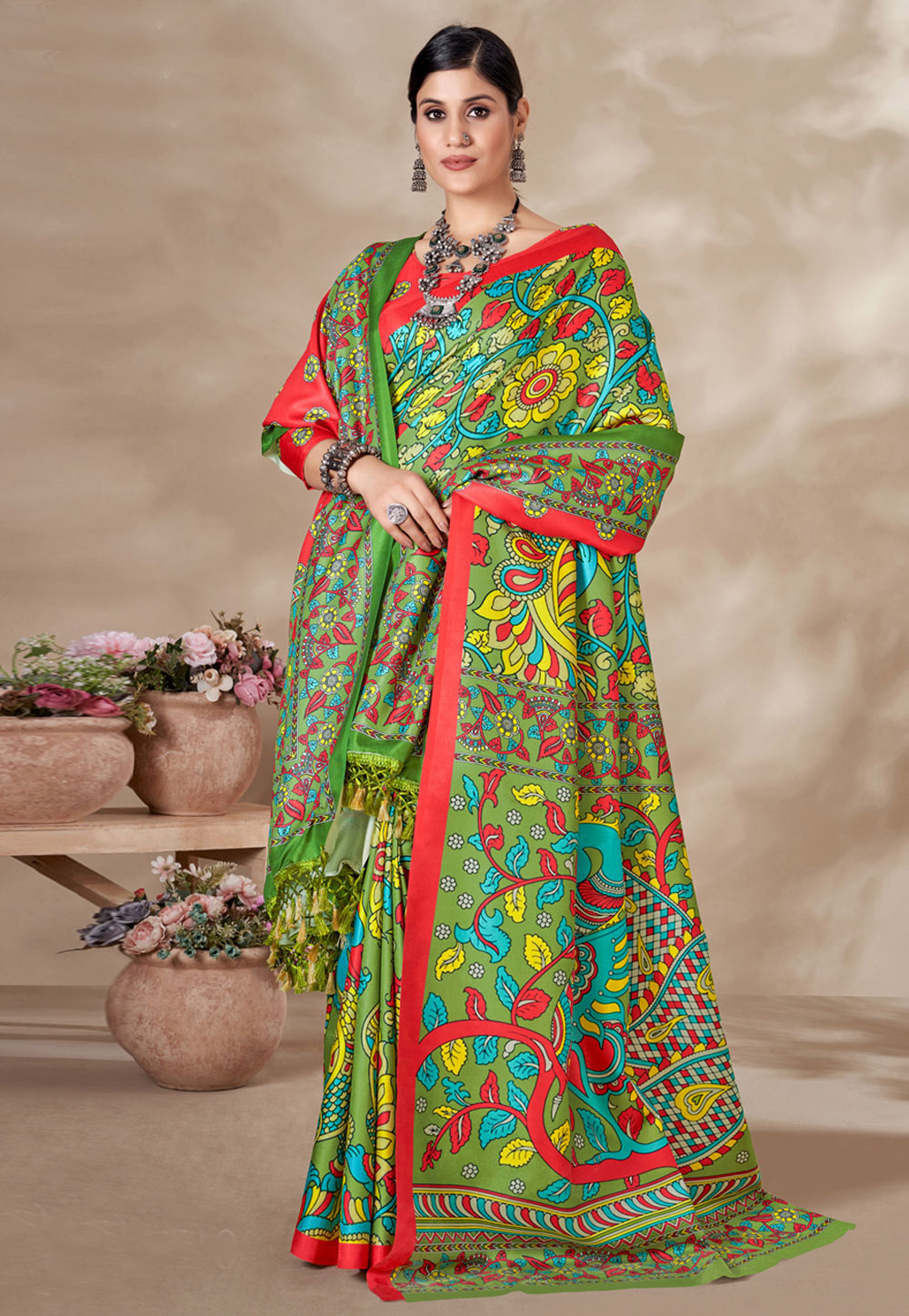 Light Green Pashmina Saree With Shawl 277378