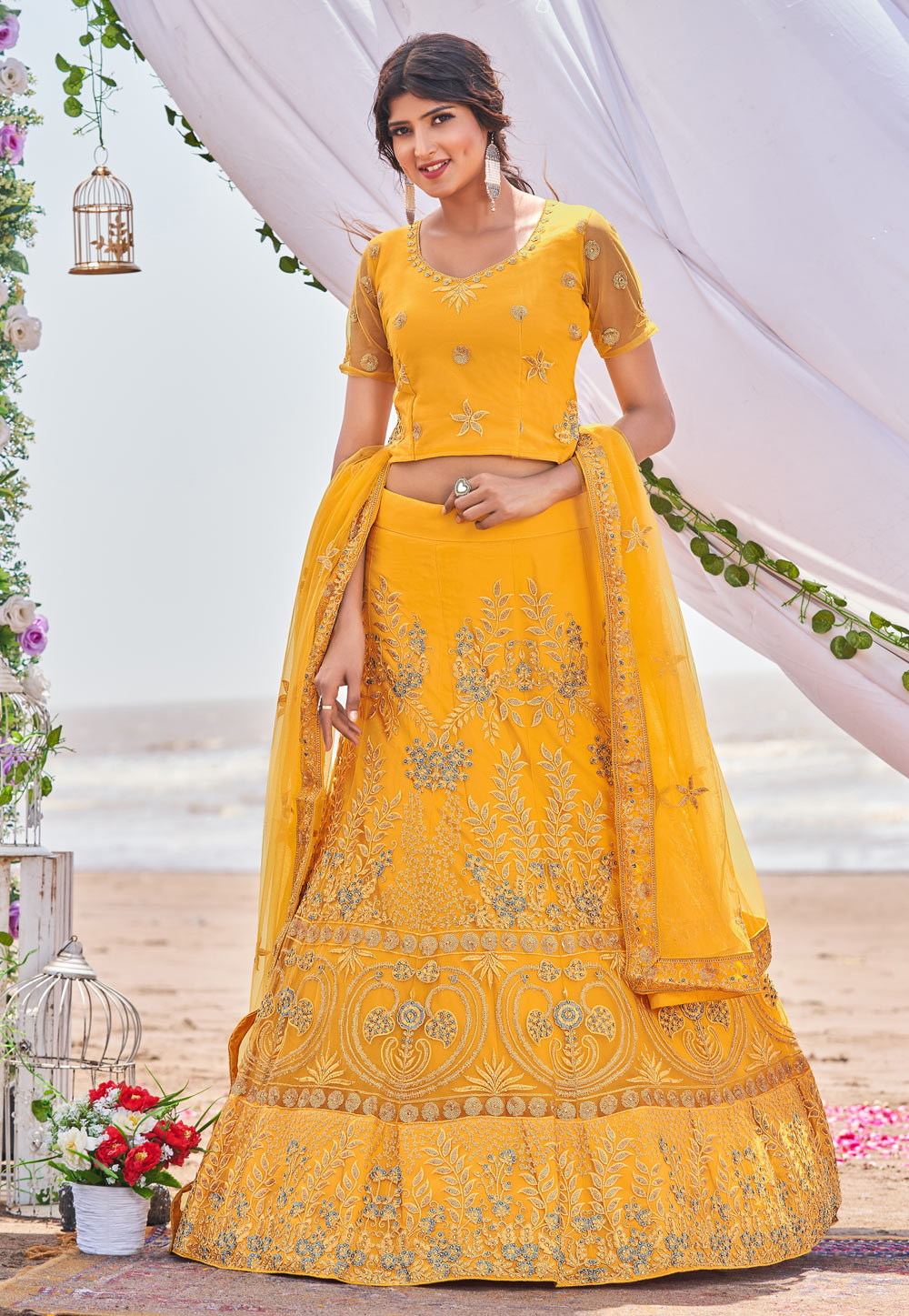 Yellow Net A Line Lehenga Choli 253974