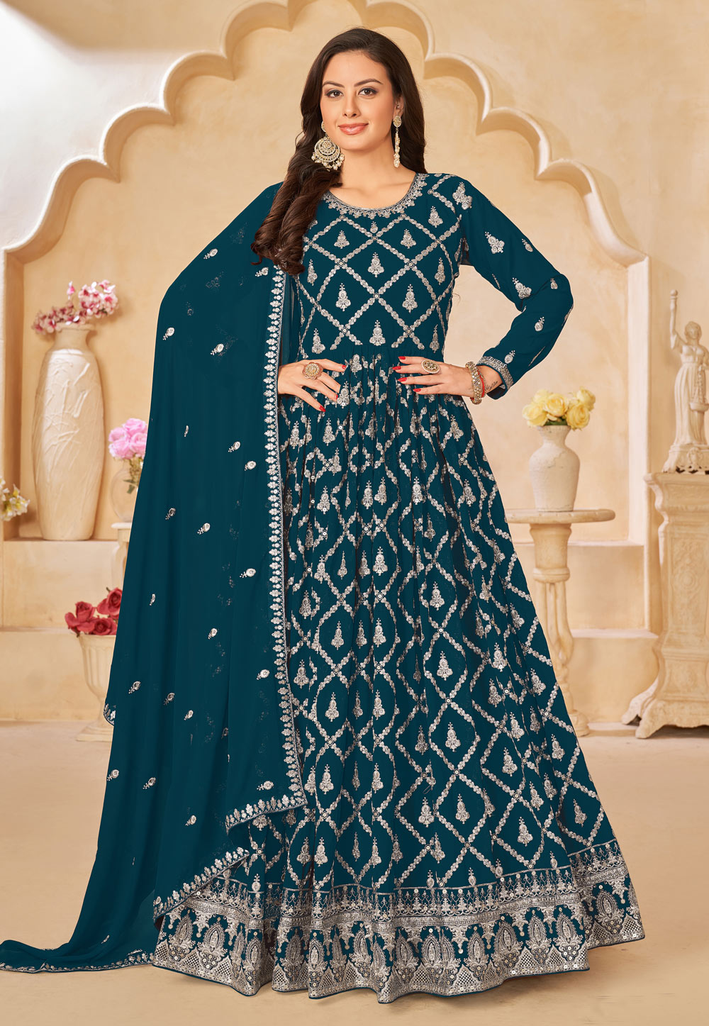 Teal Faux Georgette Anarkali Suit 274554