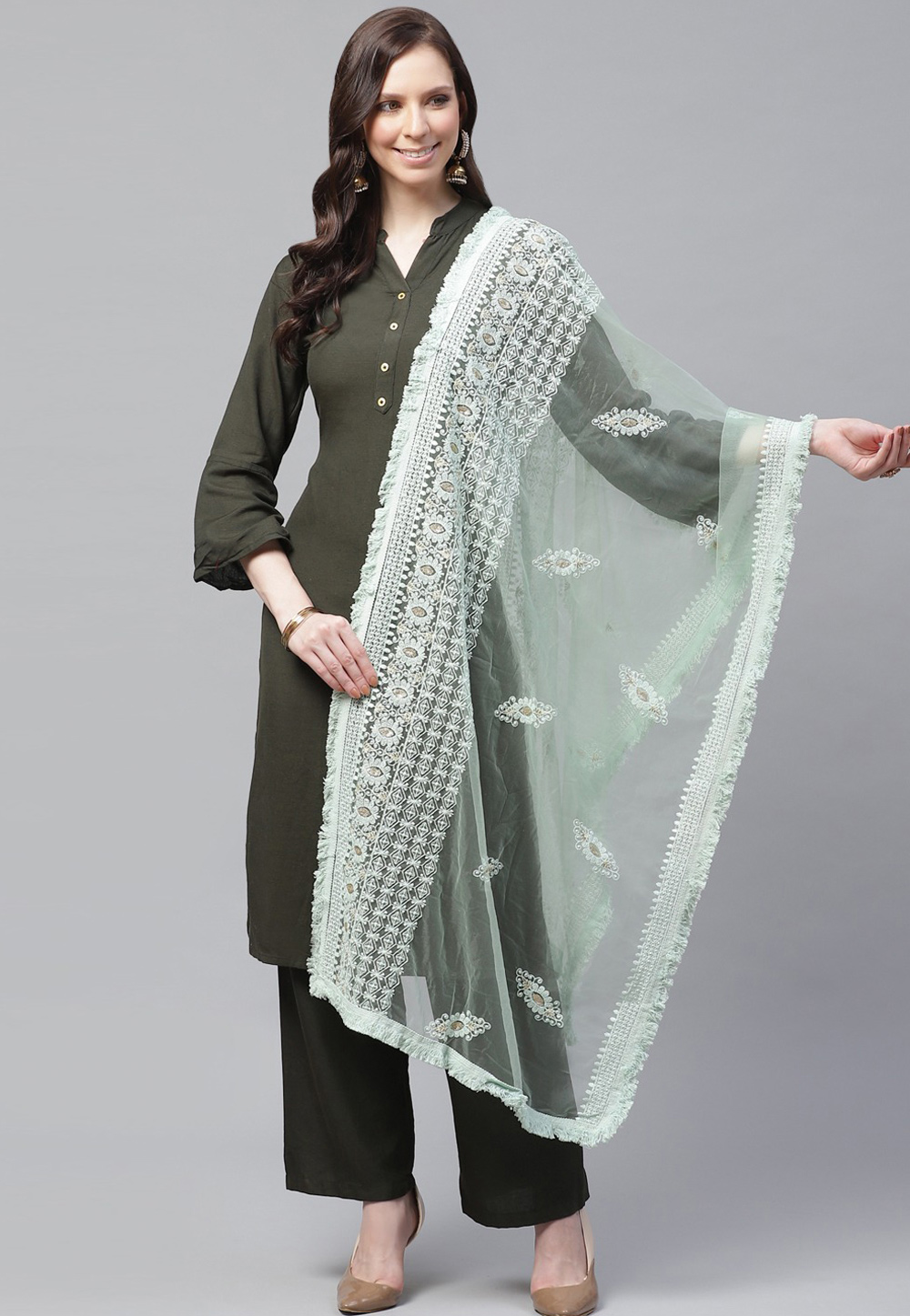 Light Green Net Dupatta 208641